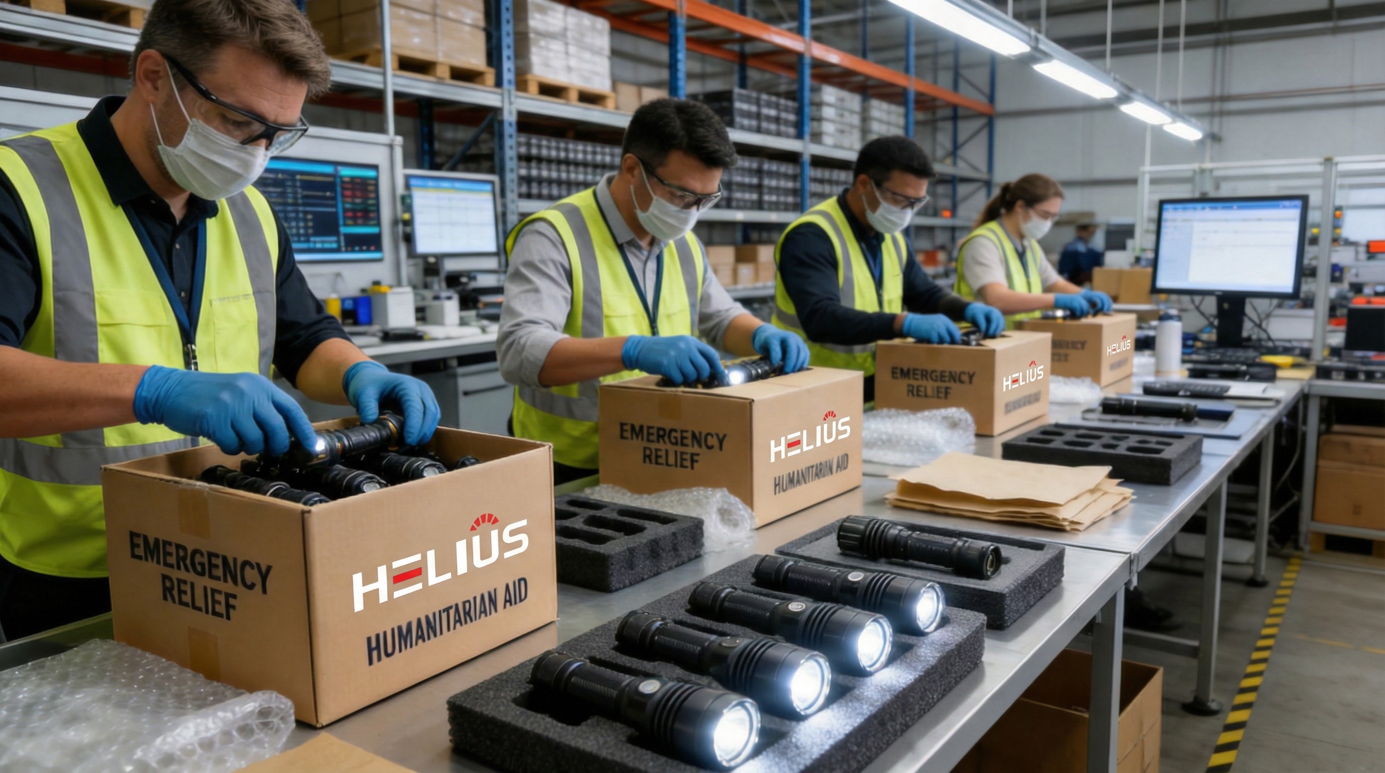 A wholesale flashlight distributor packing high-lumen tactical lights for emergency relief workers