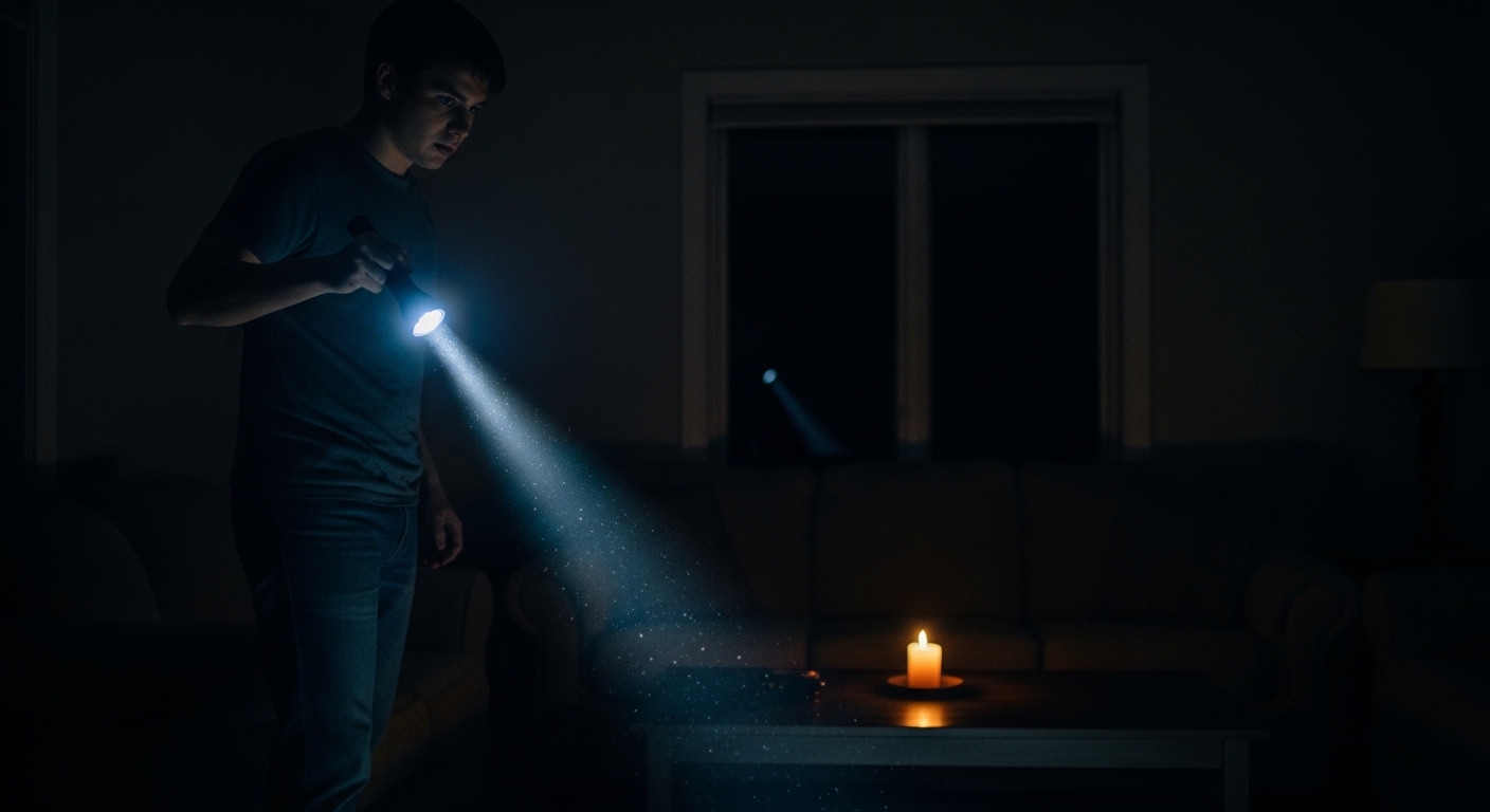 A person using a Helius Flashlight during an emergency power outage.png
