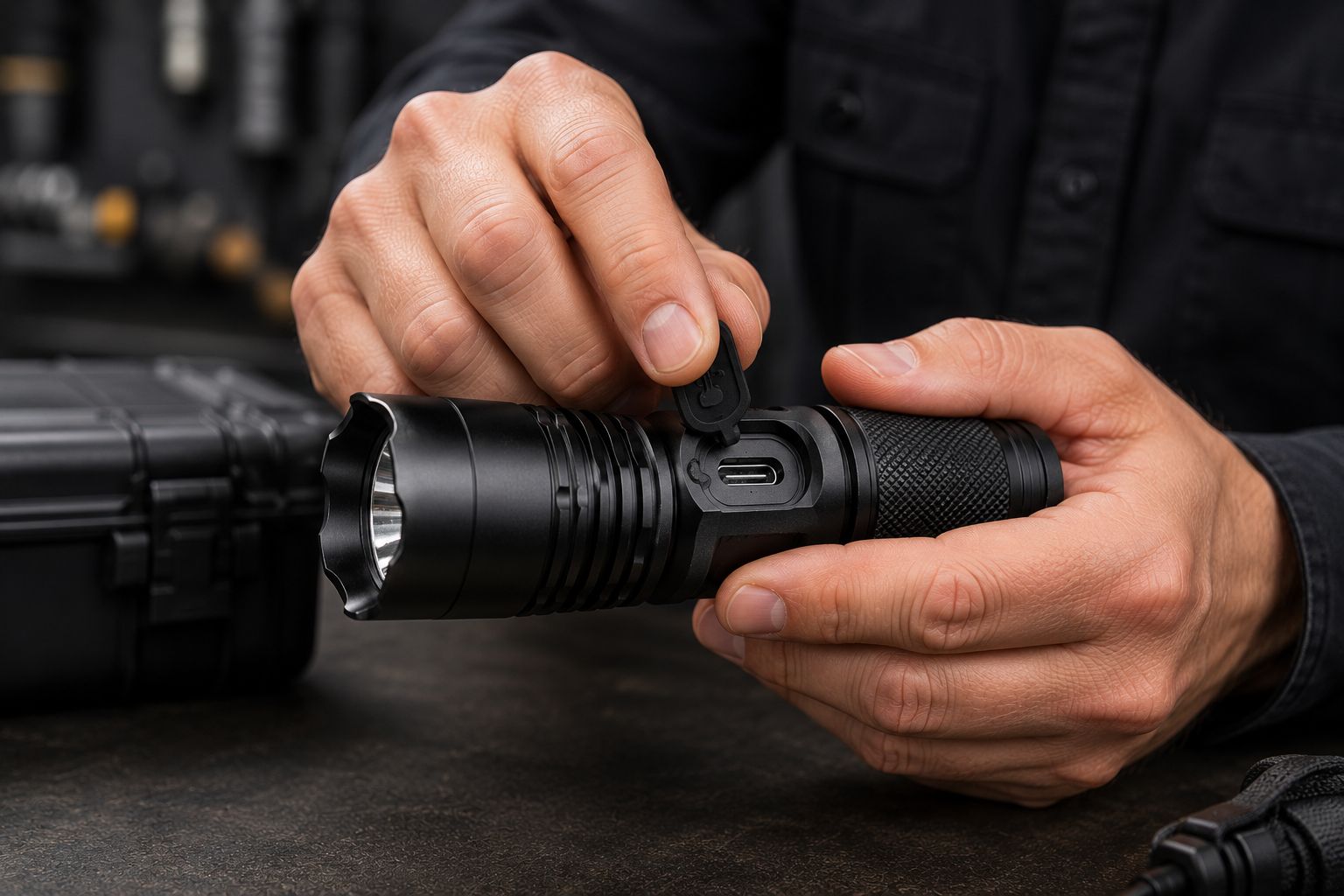 A Professional Flashlight supplier showing the durable charging port on a professional light.png