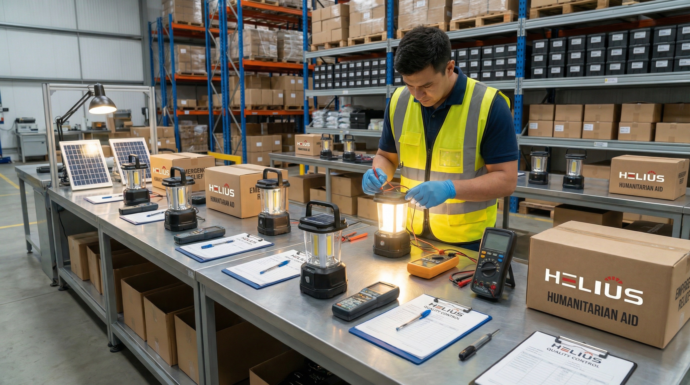 A Flashlight Supplier testing solar-powered lanterns for a reconstruction project
