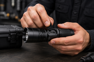 A Professional Flashlight supplier showing the durable charging port on a professional light.png