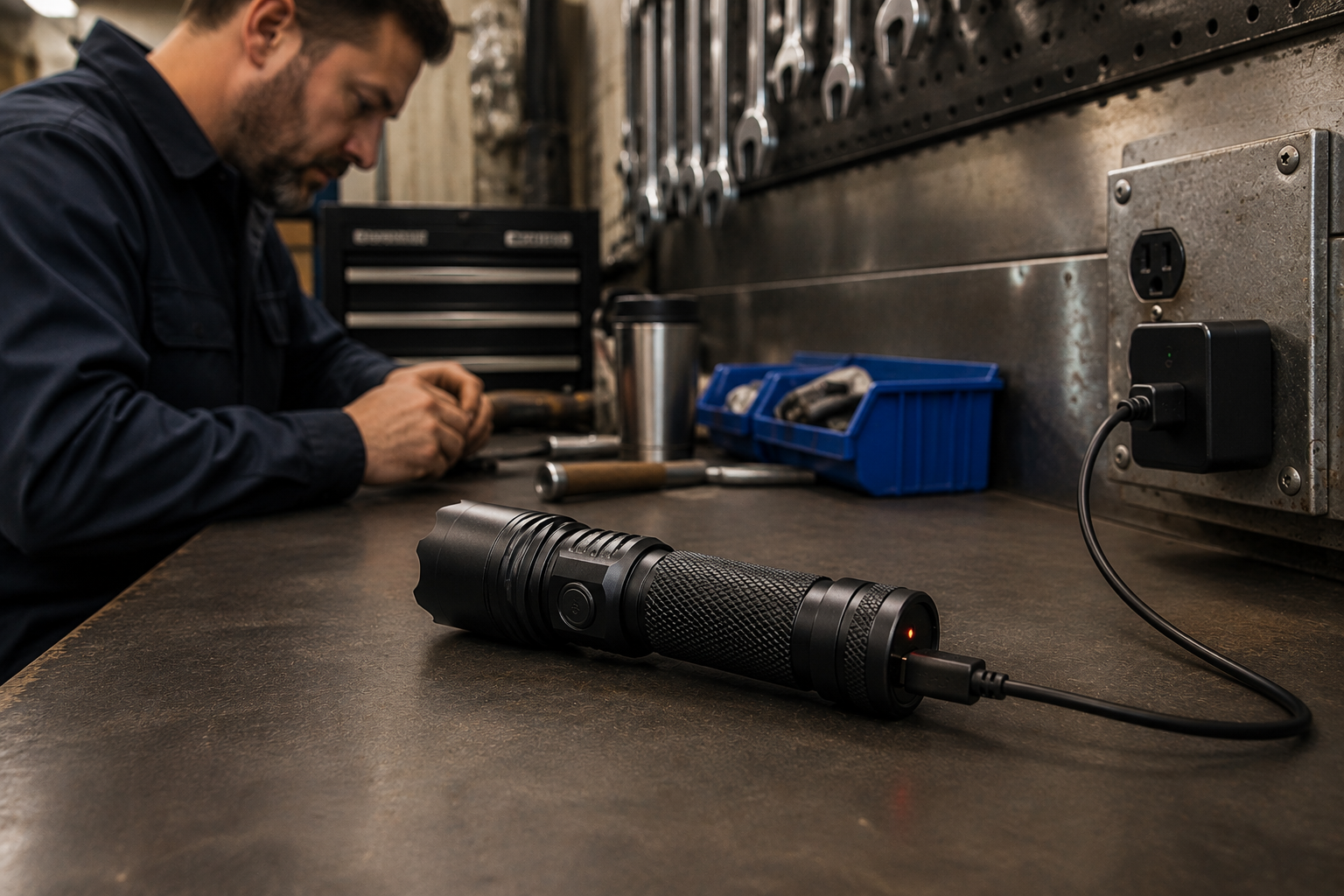 A professional worker charging a USB-C Rechargeable Flashlight in a workshop.png